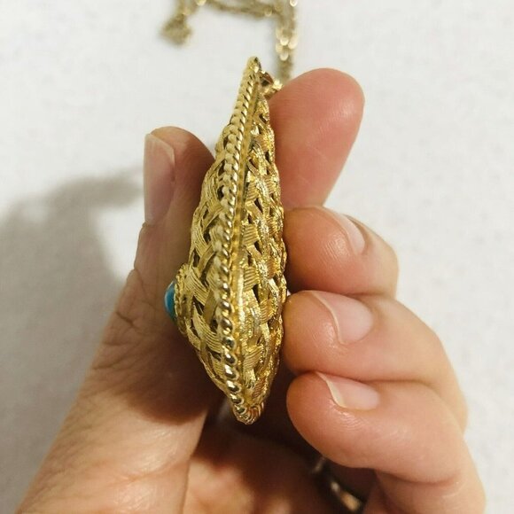 Teardrop Pendant Filigree Necklace Chain Long 26" Gold Byzantine Artisan Retro - Picture 7 of 12